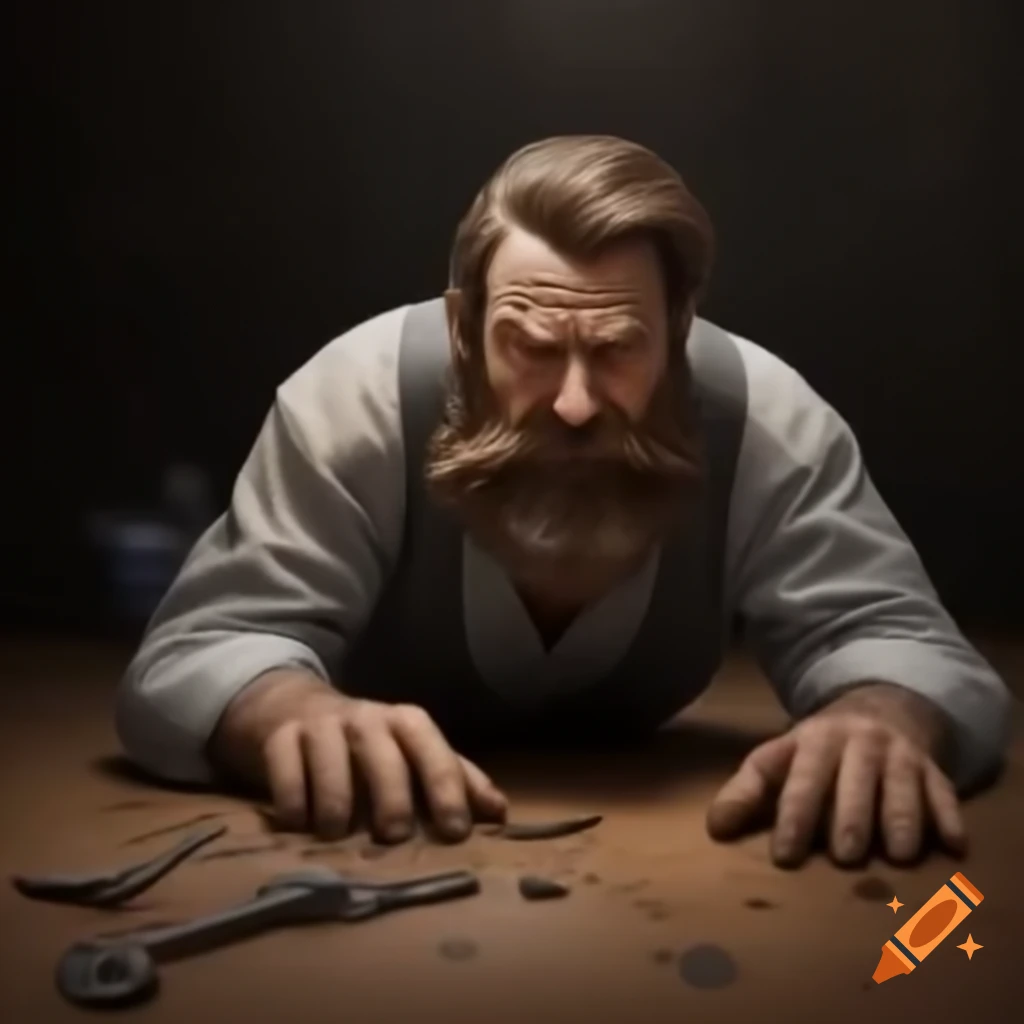 Man with excessive beard crawling on floor searching for keys, expression of frustration