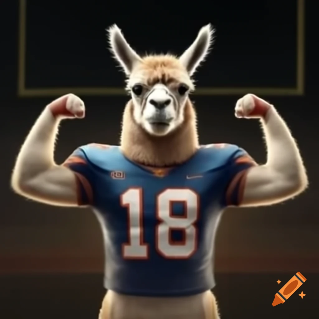 Llama wearing football uniform flexing
