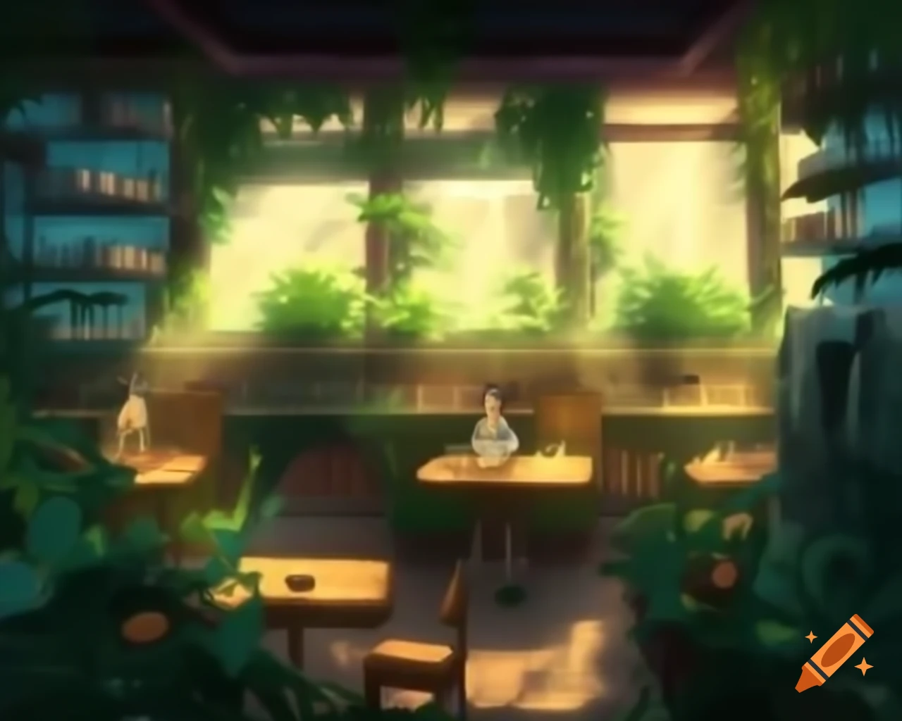 Leafy cafe with dramatic anime lighting and overflowing bookshelves