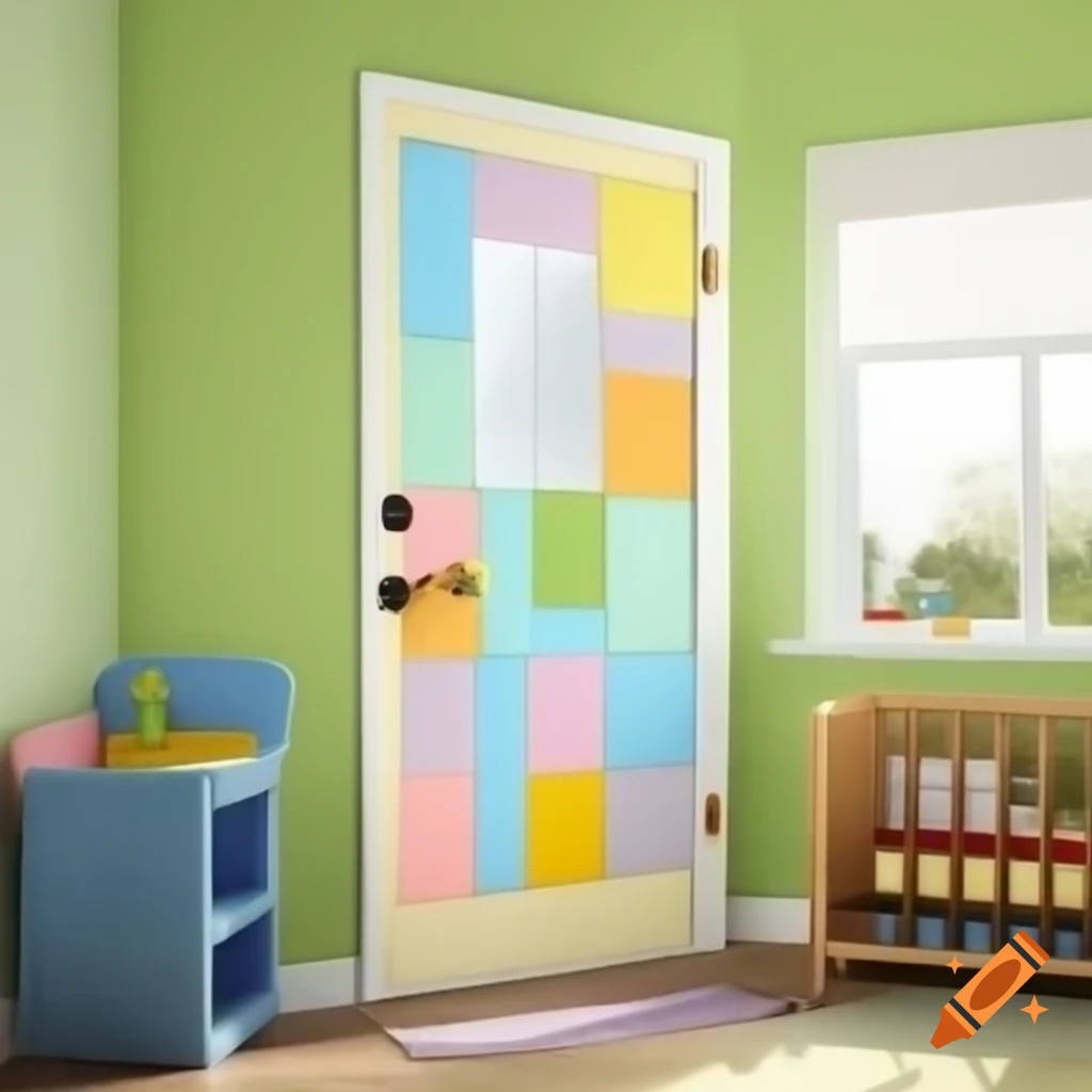 Brightly colored locked door of a daycare kindergarten nursery room