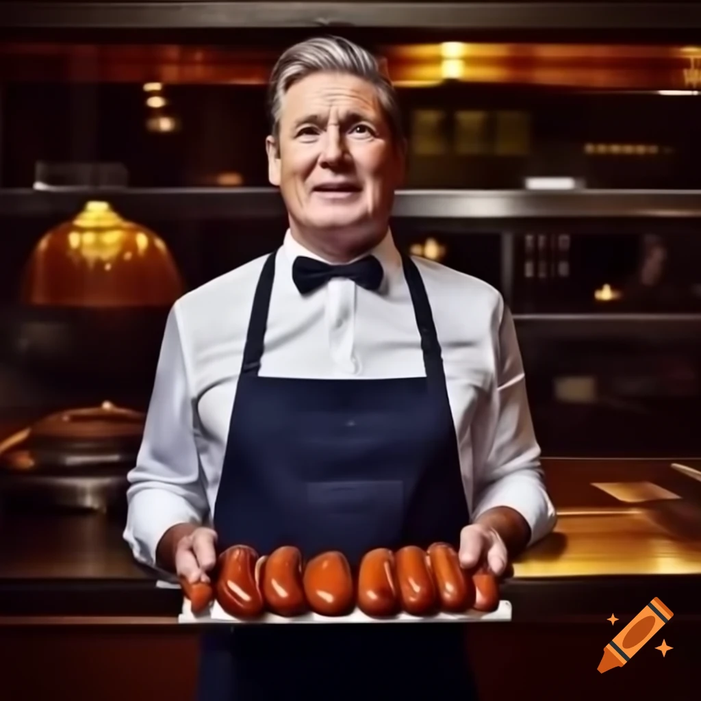 Keir Starmer serving sausages dressed as a waiter