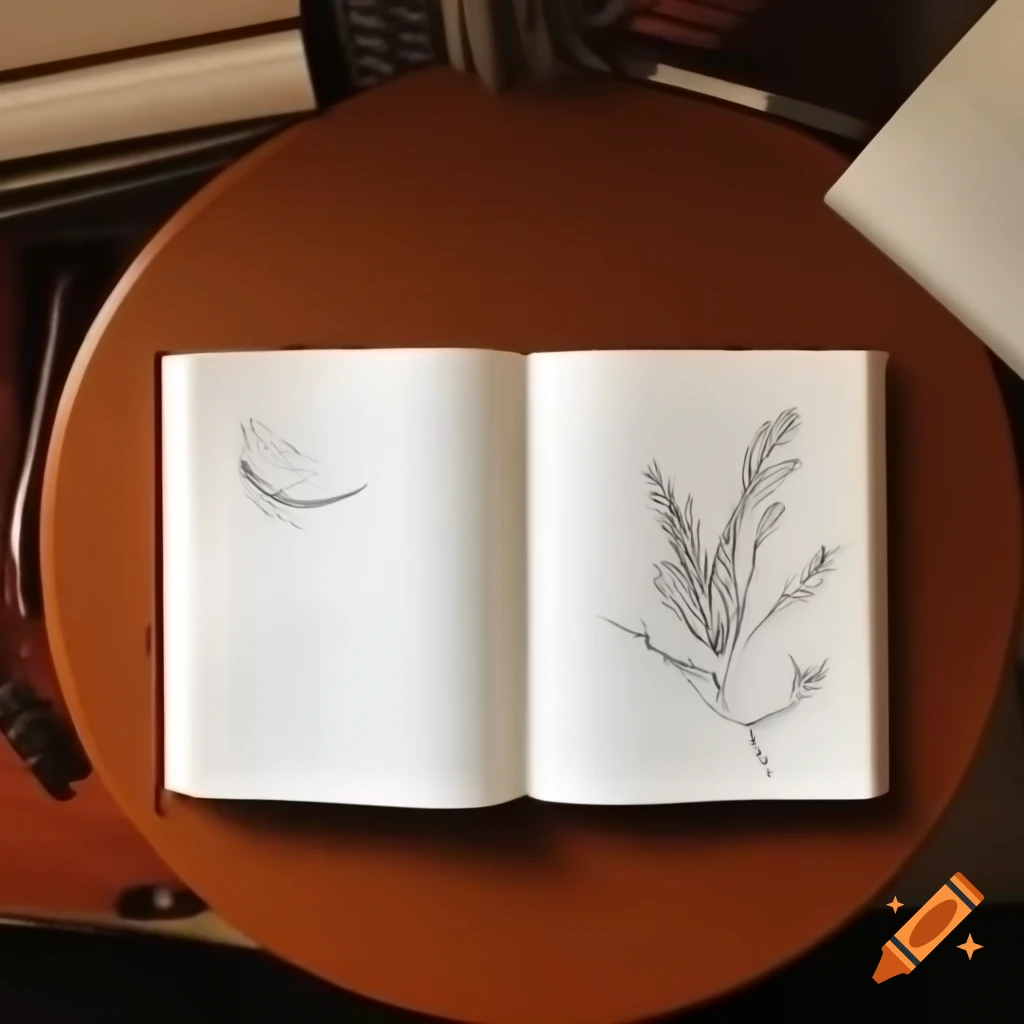 Open drawing book on brown table with sketchpens scattered around