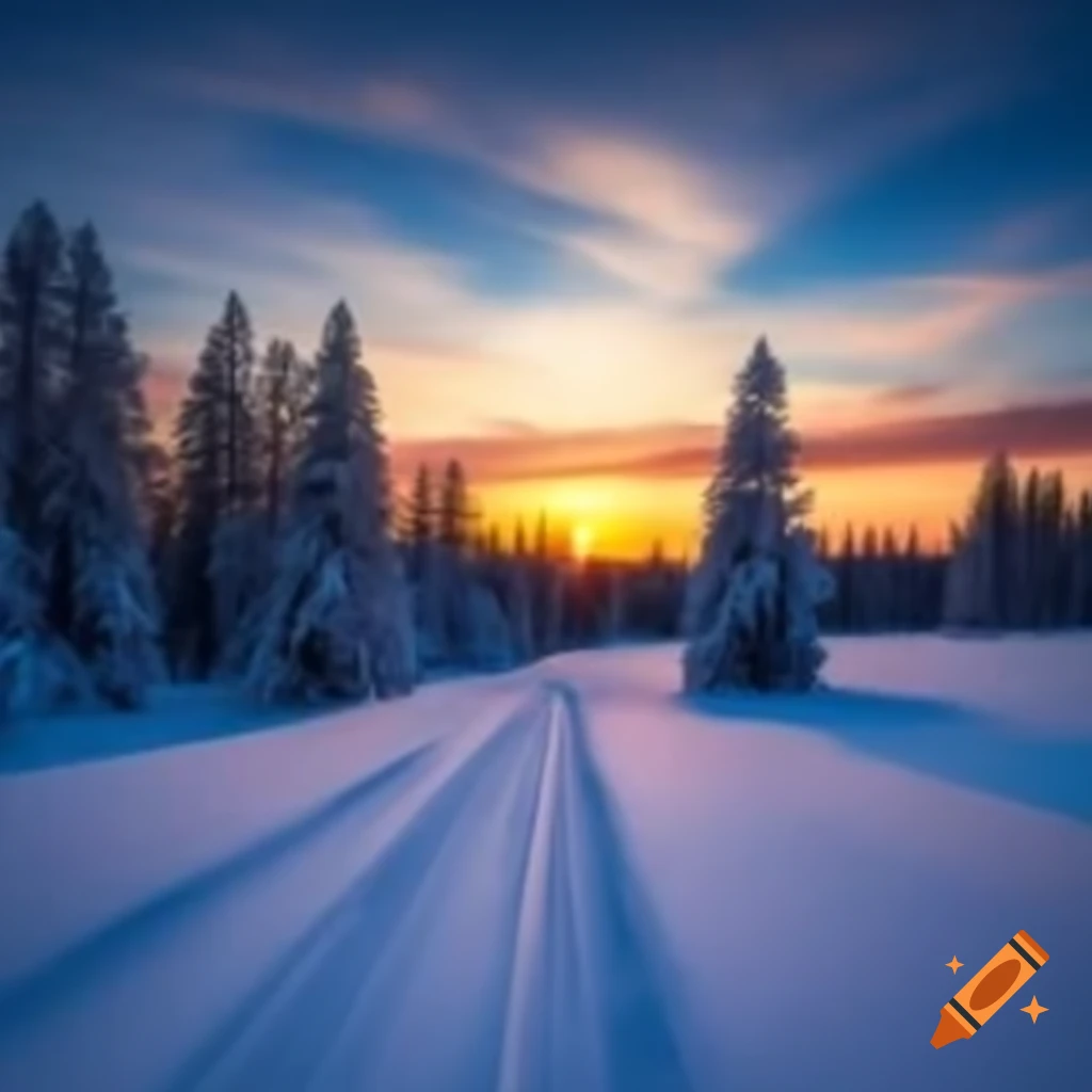 Winter landscape featuring beautiful sunset on the right