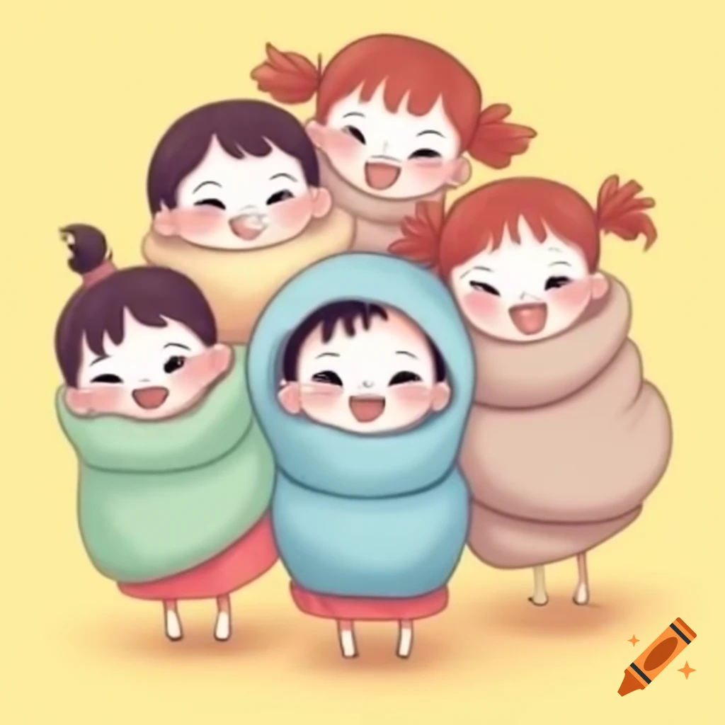 Five babies wrapped in blankets for a family portrait