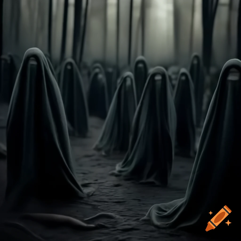 Dark vintage scene of dead forest with ghostly apparitions