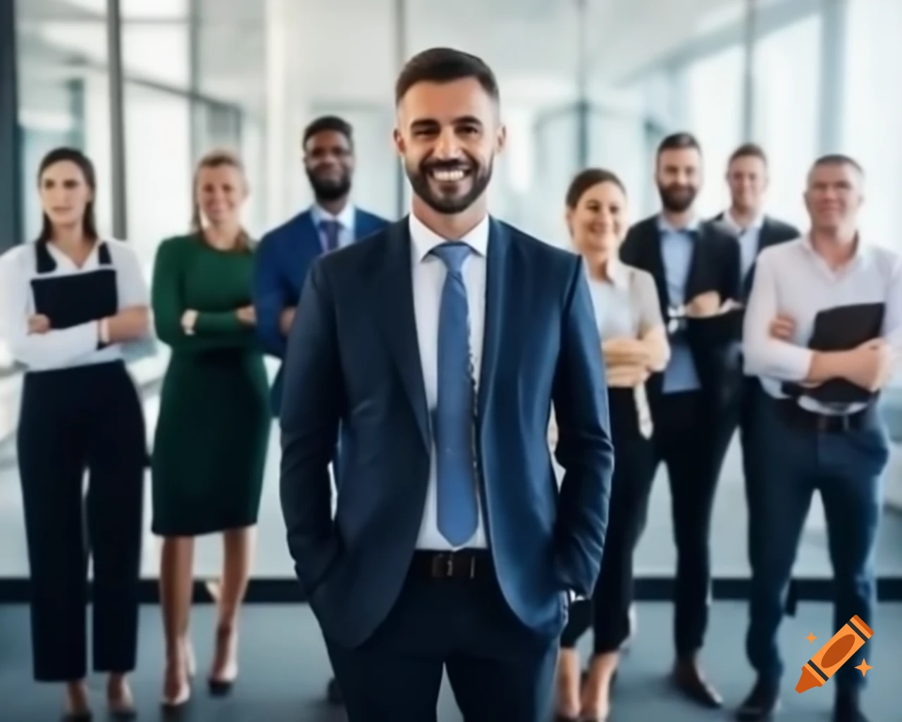 Confident male CEO leading a team meeting with inspired employees
