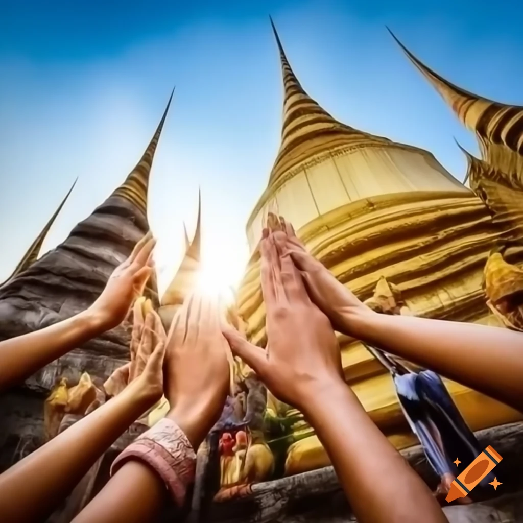 People interacting with Buddha statues at Thai temples with light effects