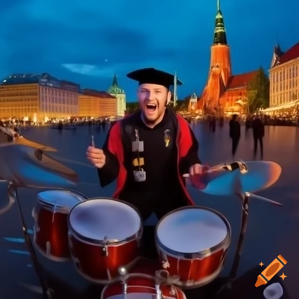 Paramedic with academic hat playing drums in Dome Square, Riga at twilight
