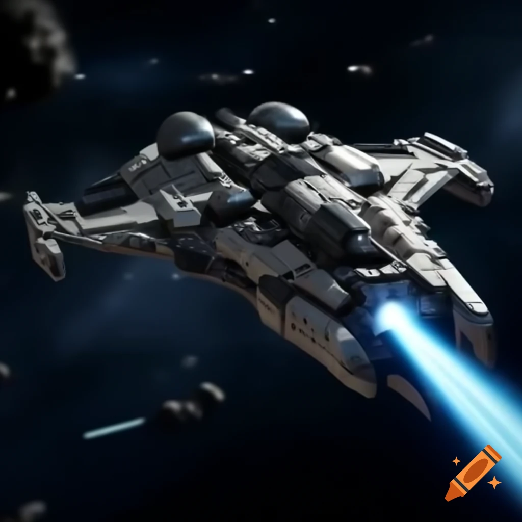 Futuristic combat spaceship firing laser beam in space