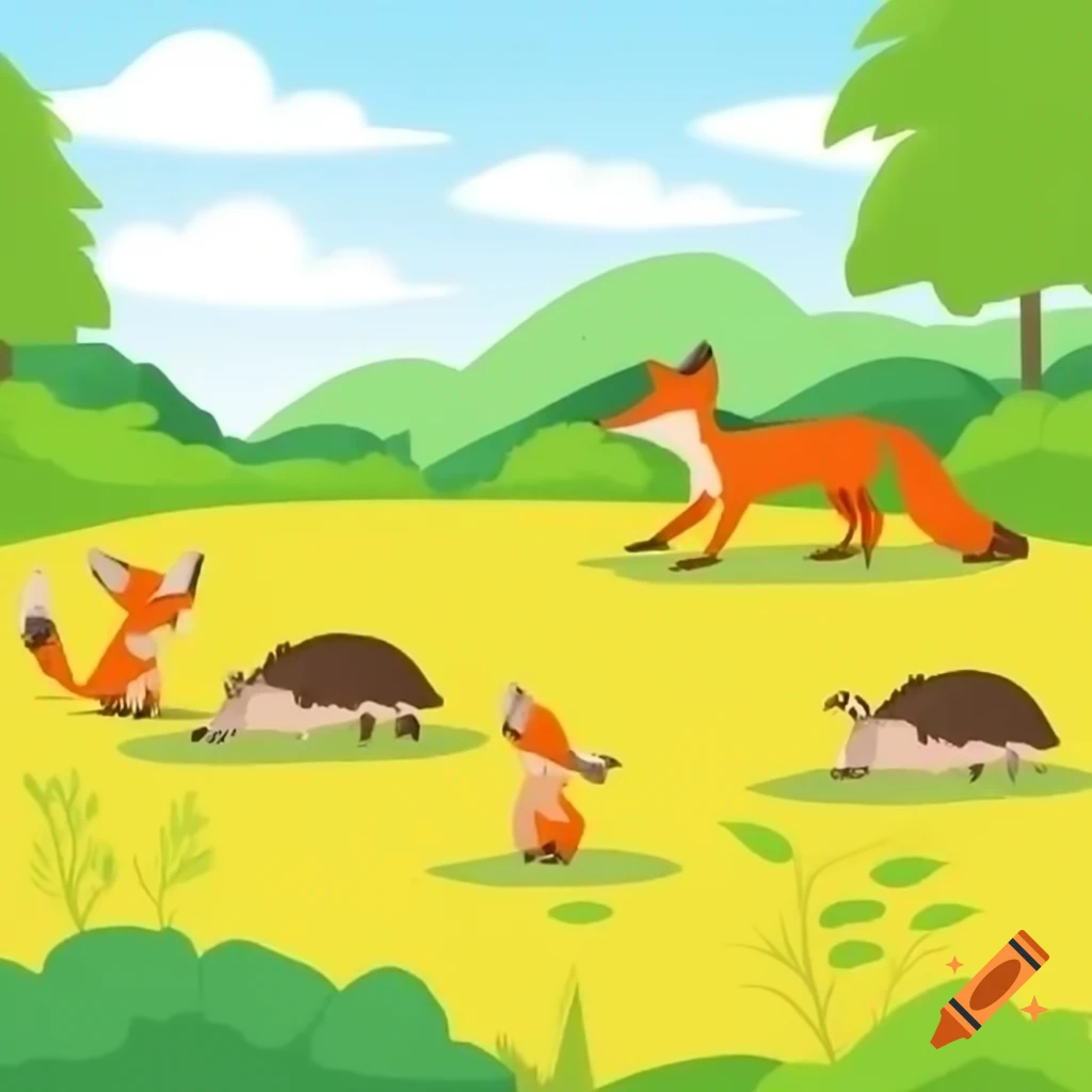 Vibrant meadow with fox and hedgehogs among bushes in sunlight on craiyon