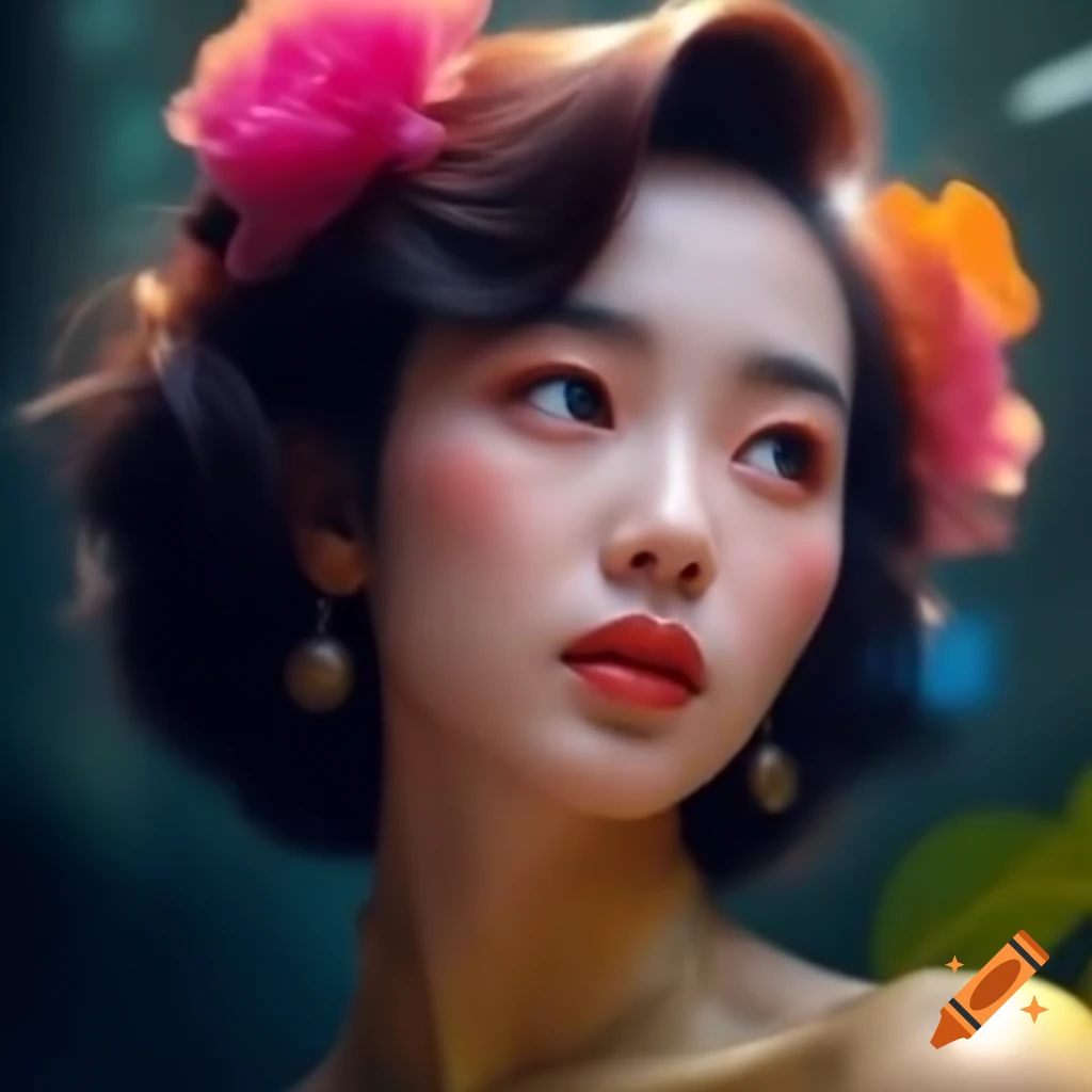 Hyper-realistic photograph of beautiful Asian woman with voluminous 80s hairstyle