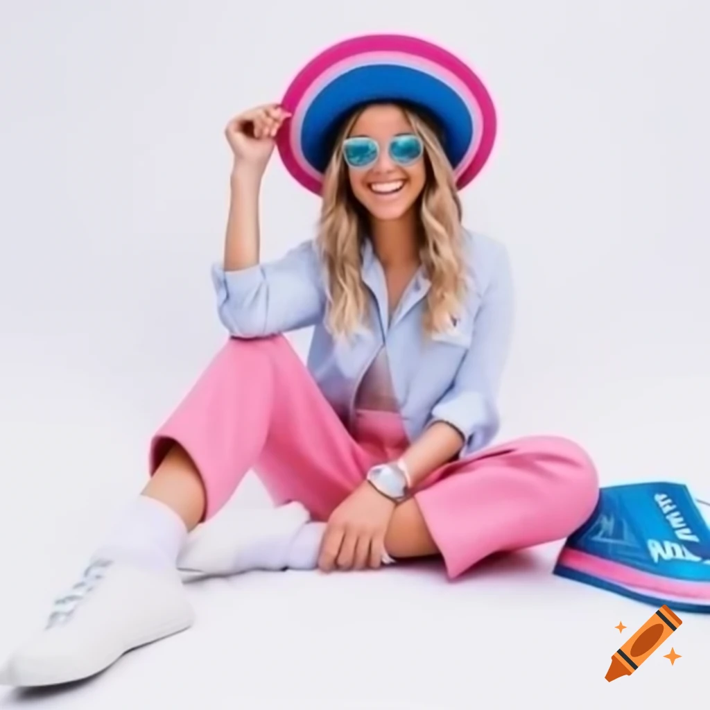 Woman in colorful outfit with pink pants and striped accessories