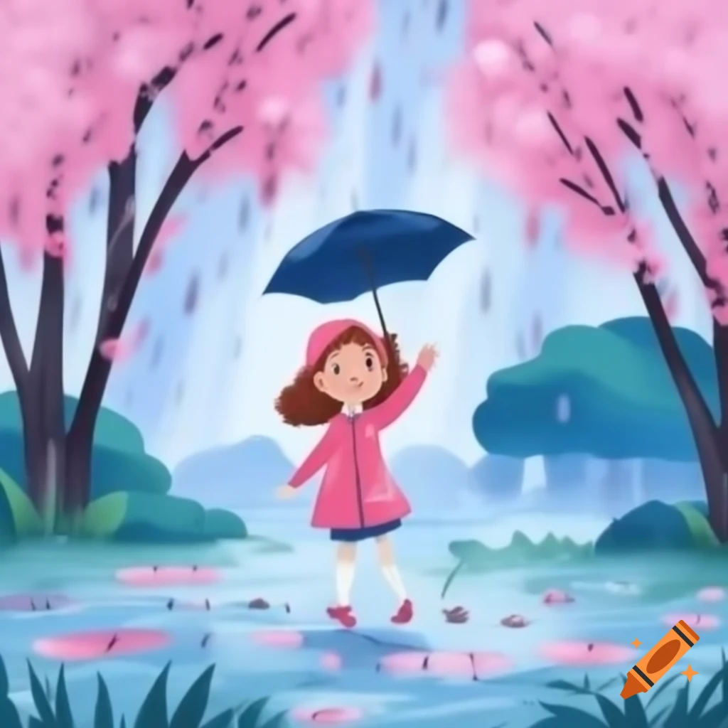 Girl dancing in the rain with umbrella on cherry blossom path