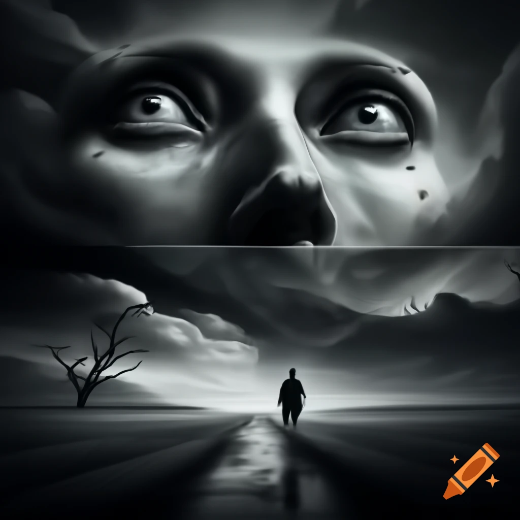 Surreal black and white landscape featuring human body shapes and facial portraits, high contrast