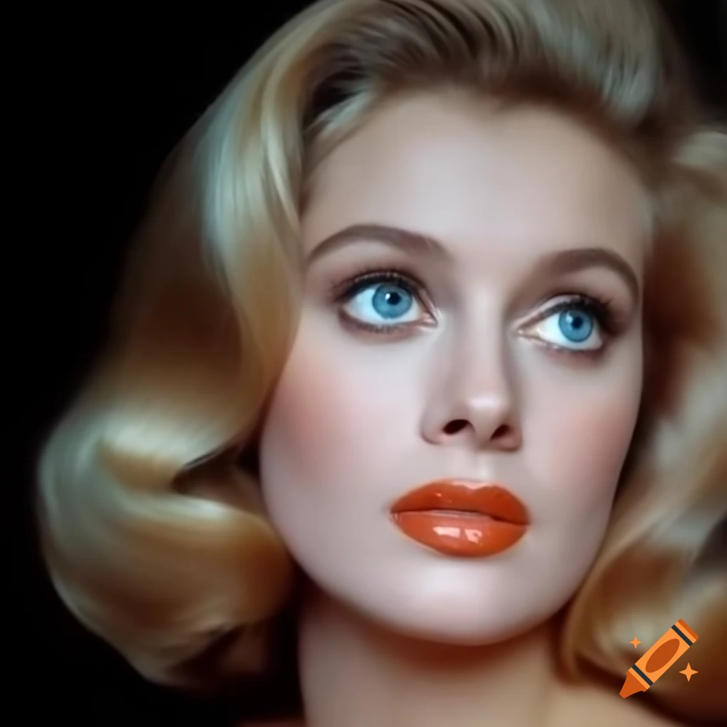 Hyper-realistic photograph of European actress from 1963 with porcelain skin and striking blue eyes