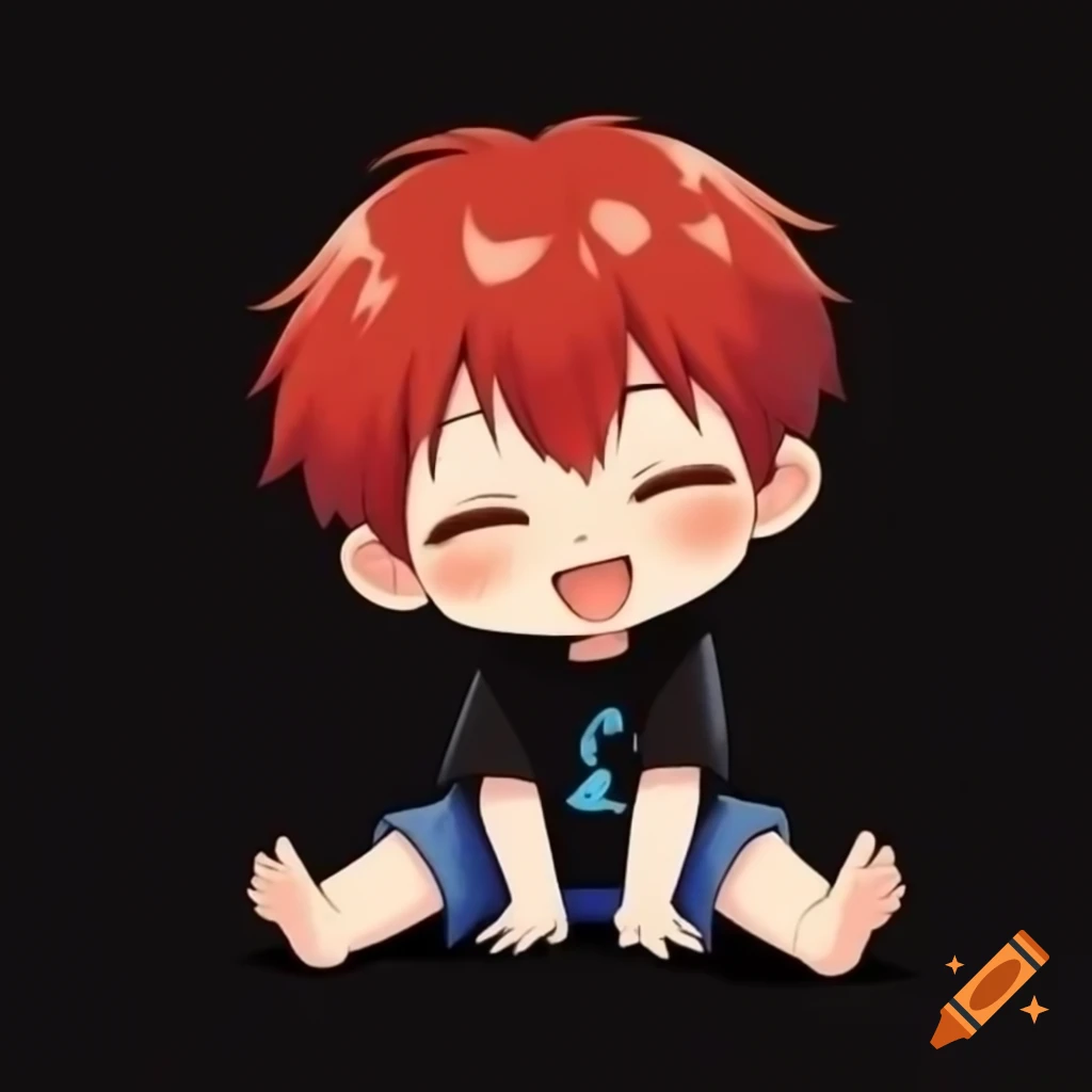 Chibi anime cartoon boy with ginger red hair sitting in black shirt and blue pants
