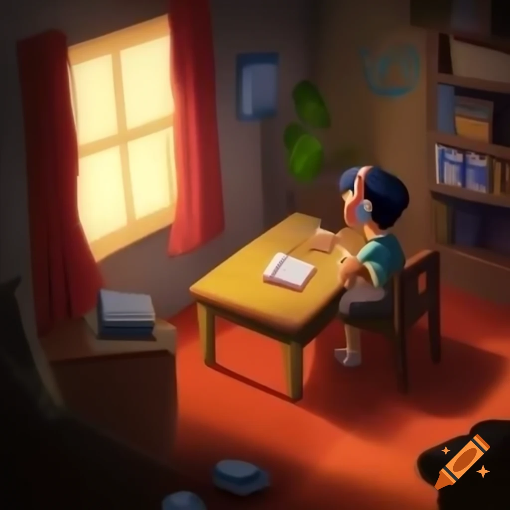 Character sitting at table in warmly lit room with headphones and book