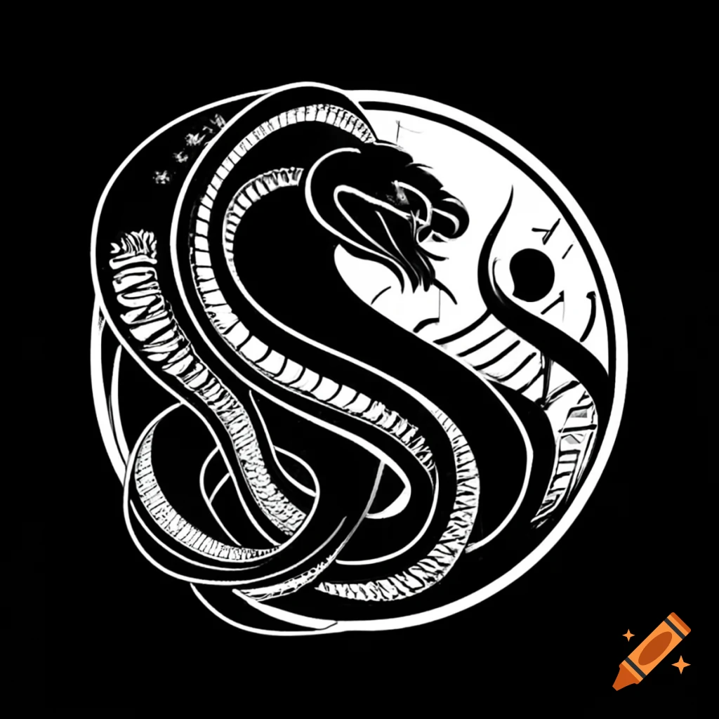 Cobra holding a yin yang in its mouth, larger black section than white
