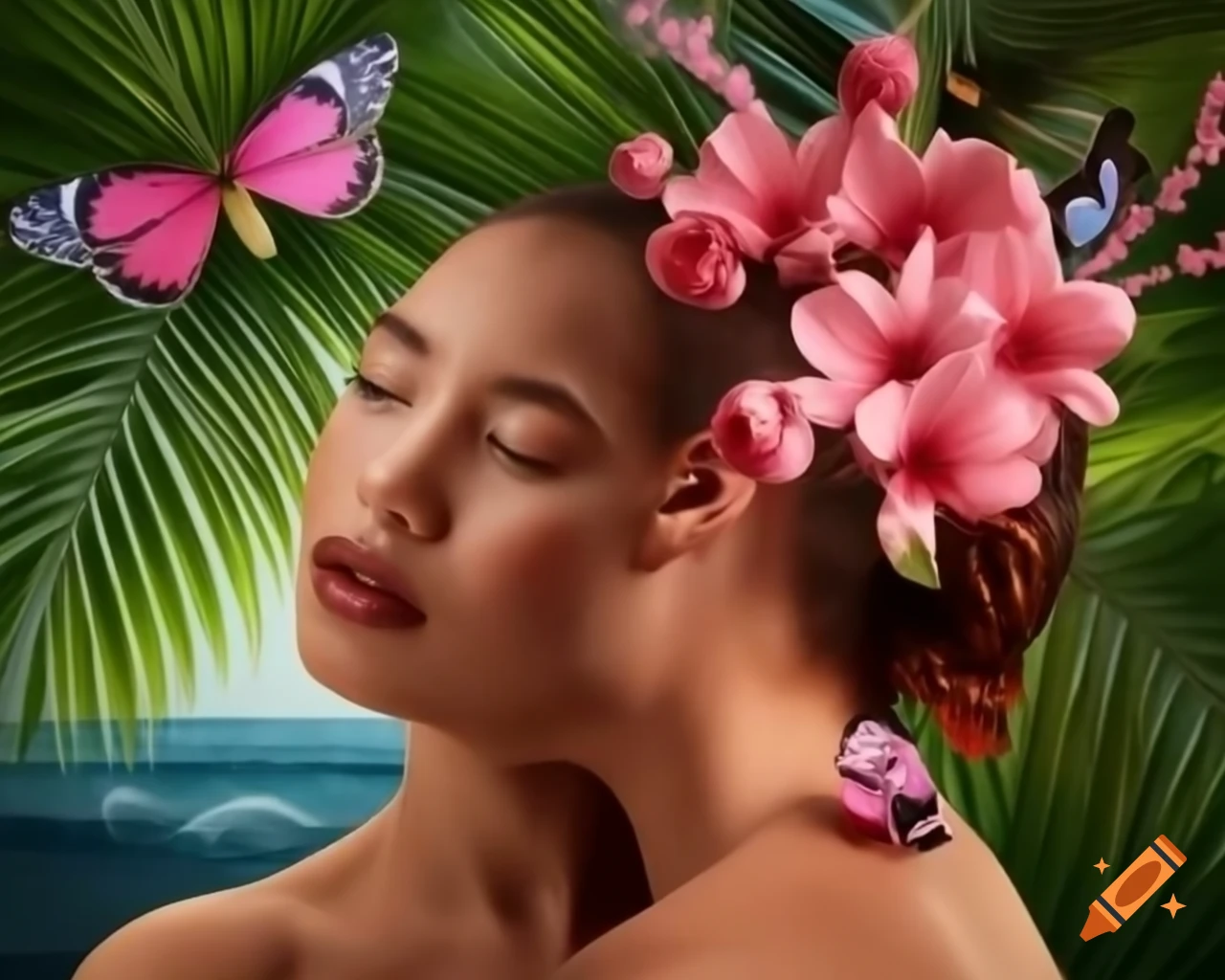 Hyper-realistic portrayal in lush tropical setting capturing feminine allure