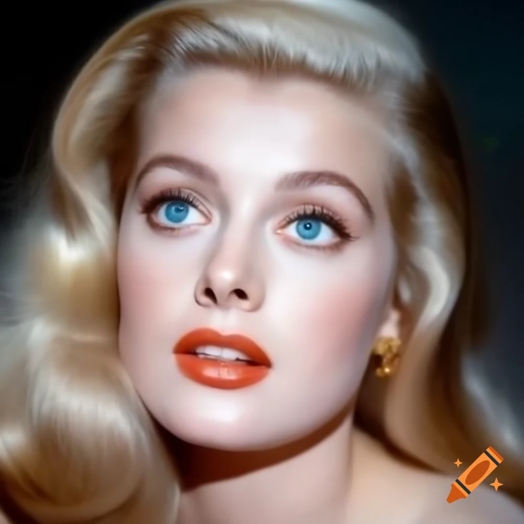 Hyper-realistic photograph of a charming European actress from 1963 with porcelain skin and blue eyes
