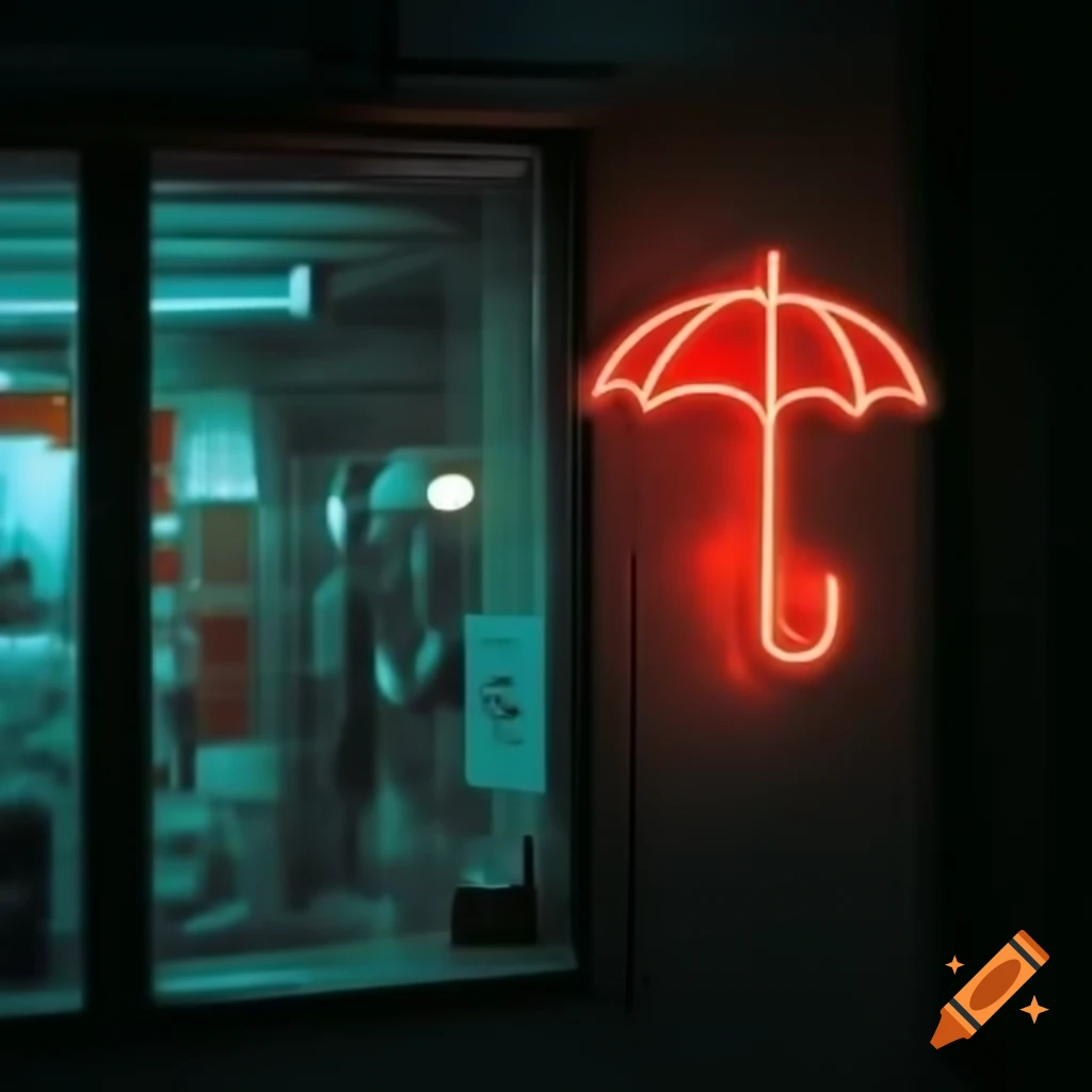 Small neon sign of a red umbrella in shop window at night