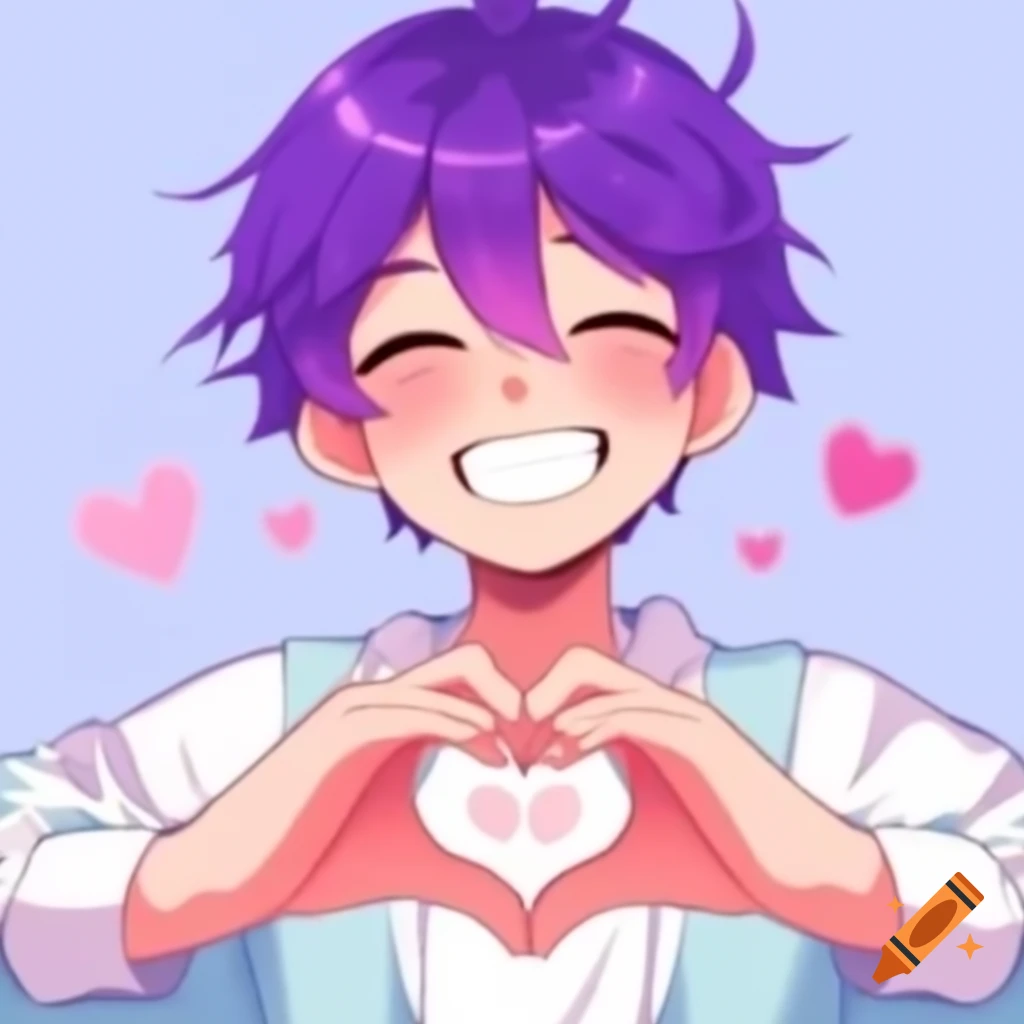 Purple haired anime guy smiling and making a heart with hands