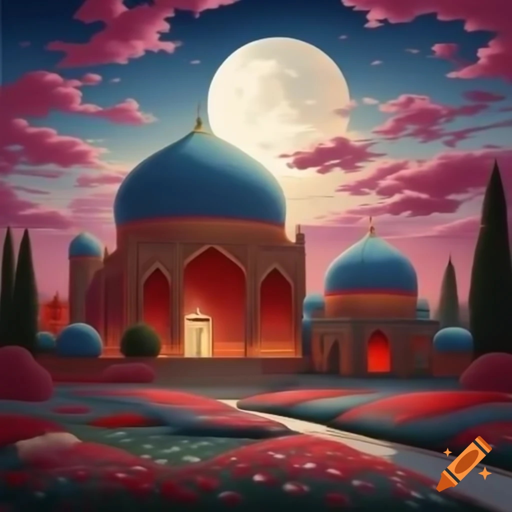 Persian domes and arches in flower garden with cypress trees and detailed moon, ukiyo-e style