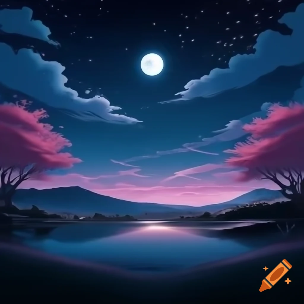 Anime style iPhone 15 Pro background featuring serene night landscape with lake reflecting moonlight