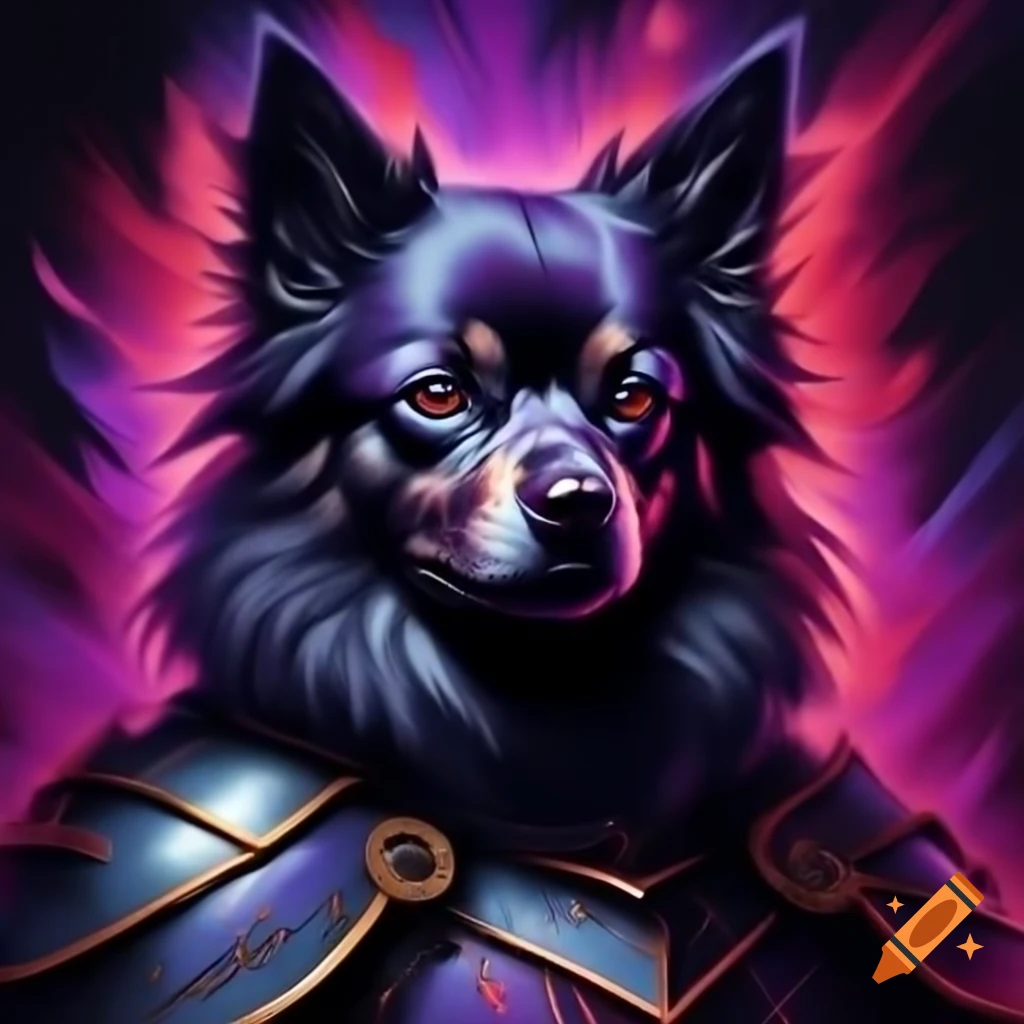 German Spitz in shining armor with vibrant purple accents