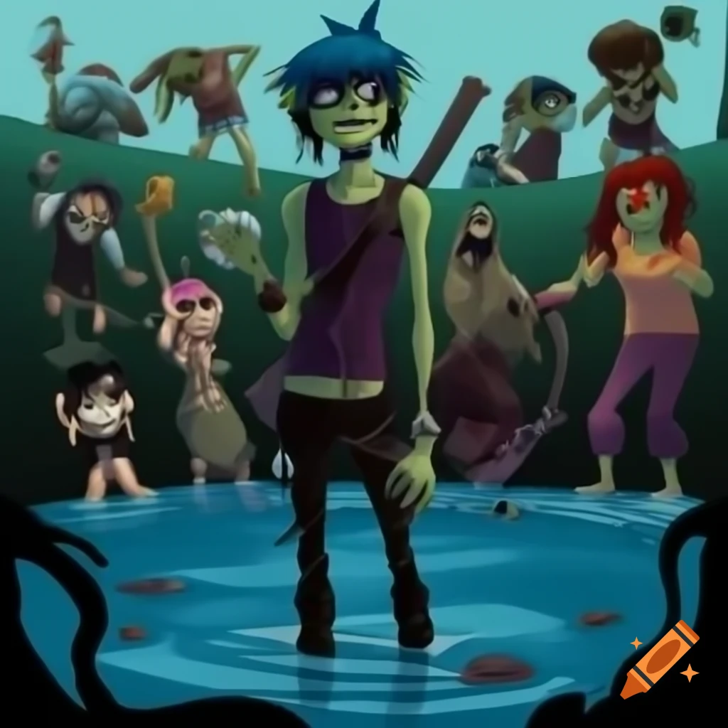 2D from Gorillaz in water surrounded by zombies with Andalusian woman archer