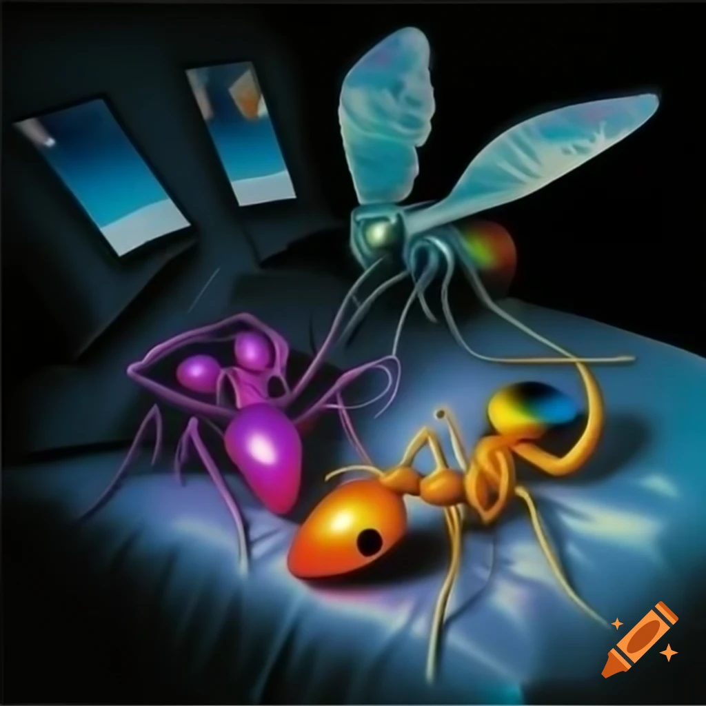 Pop surreal 2000's photography with iridescent colors and giant silver ants