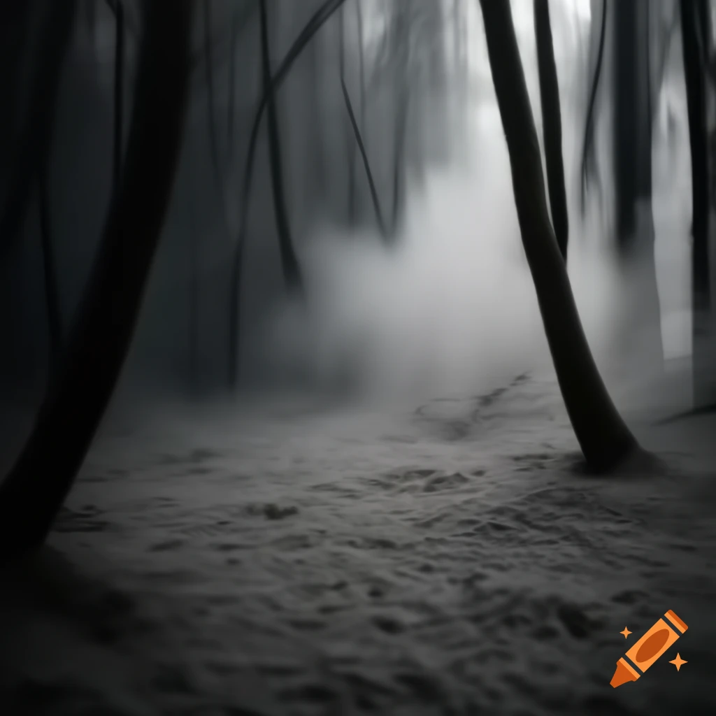 Charcoal-colored forest floor covered in ethereal smoke