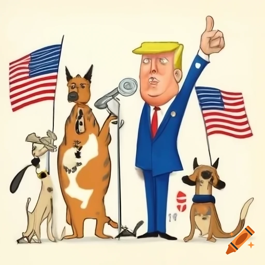 Cartoon Drawing Of Cats And Dogs With Banners At A Trump Rally In The 