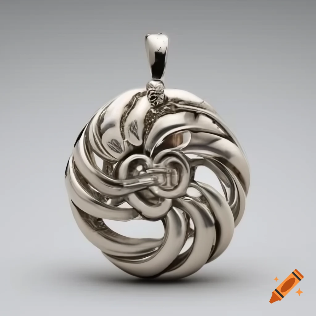 Polished silver locket with etched vines and seashell centerpiece