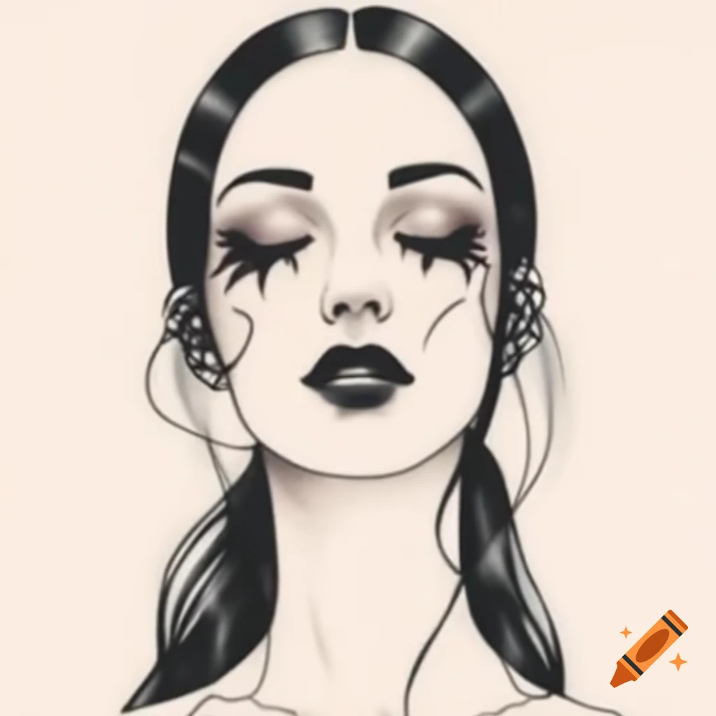 Delicate tattoo line drawing of gothic female with hints of crimson