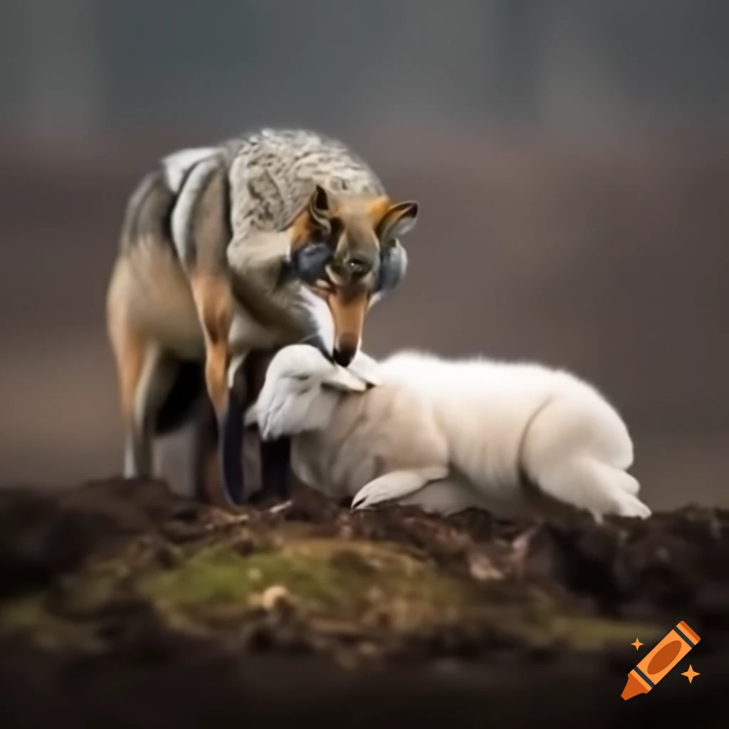 Wolf meeting lamb that has fallen from the flock