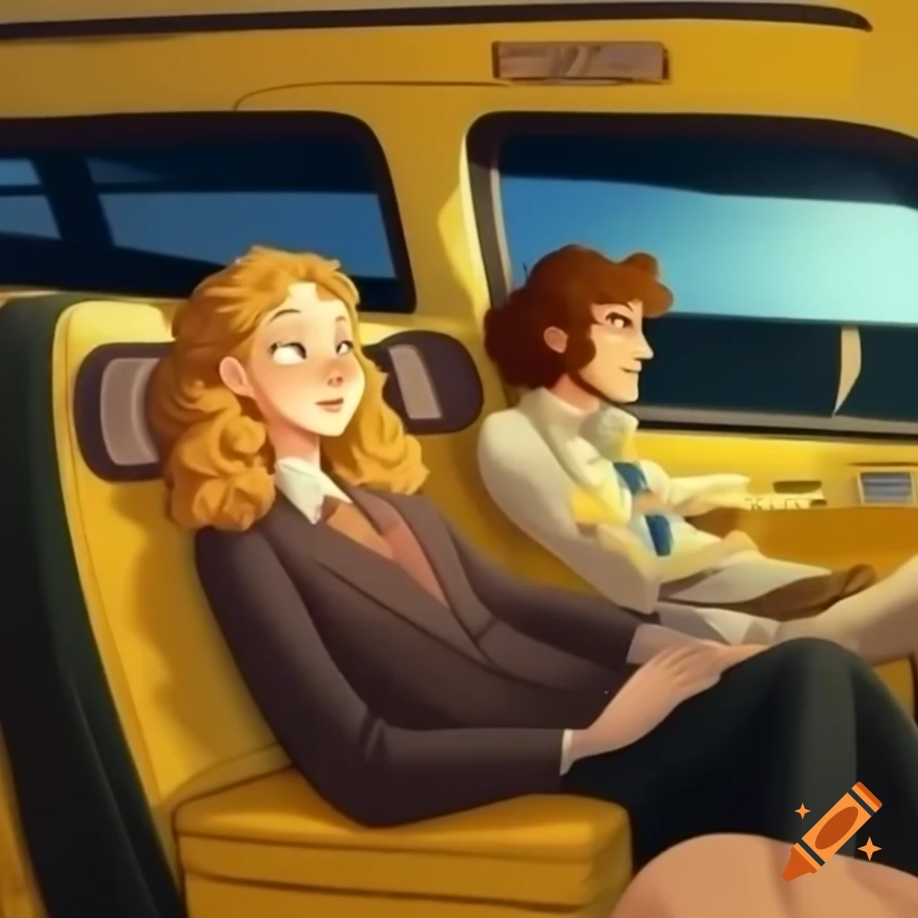 Yellow limo with a driver and three passengers featuring diverse hairstyles