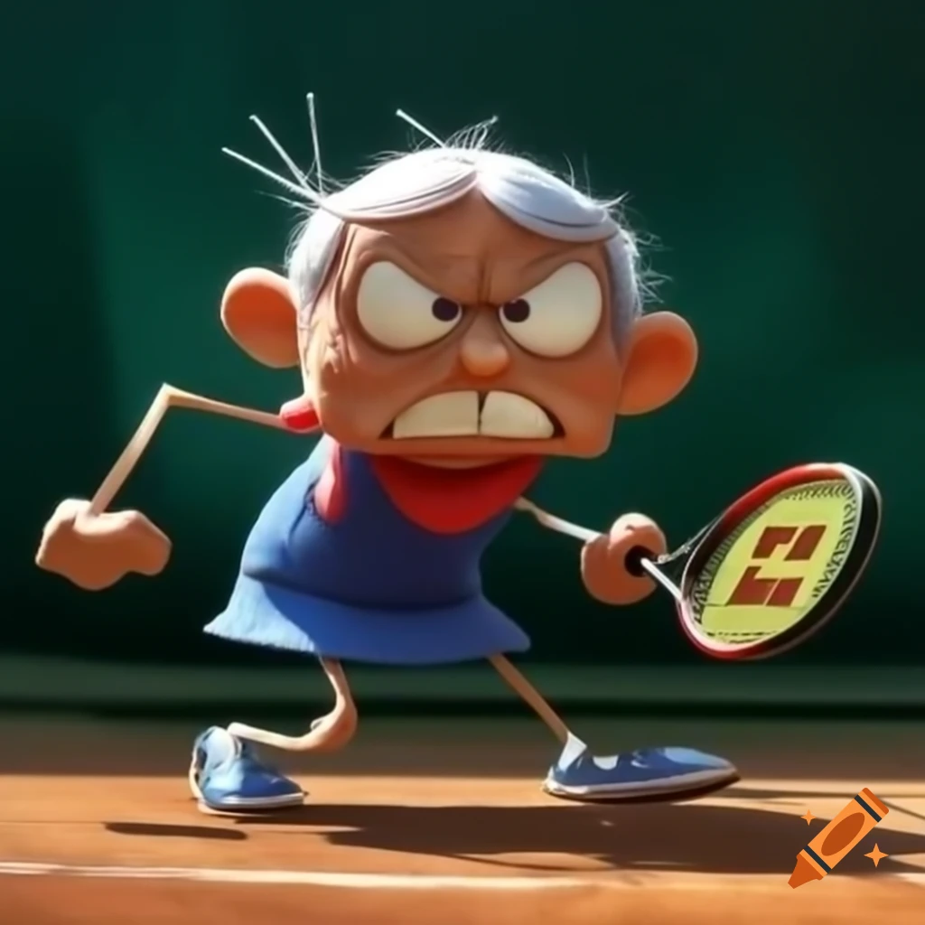 Angry elderly tennis player in black dress and running shoes