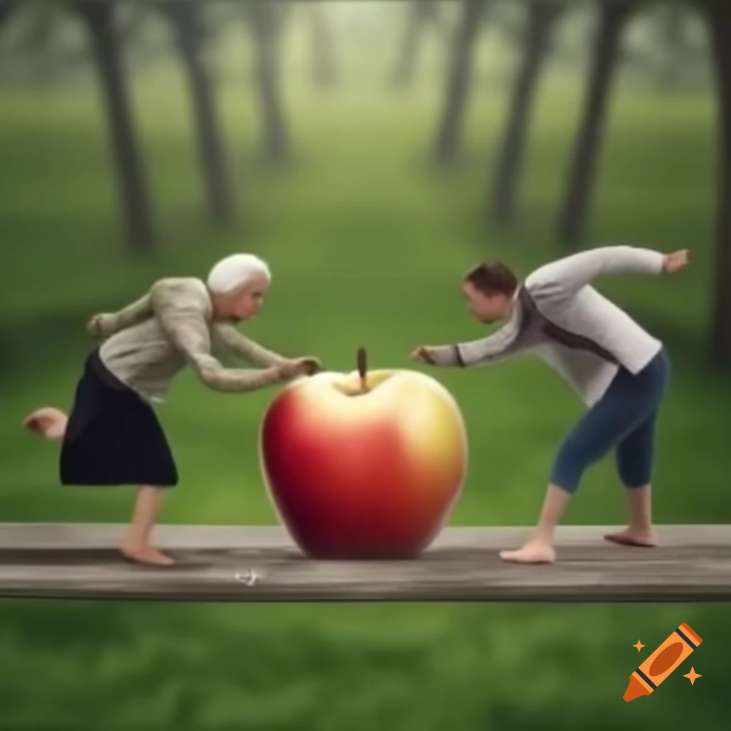 Playful depiction of an apple fight