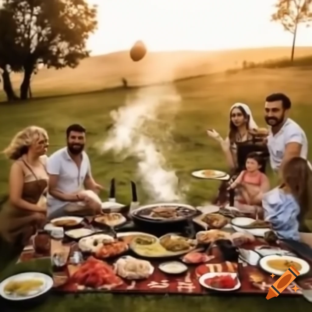 Turkish family picnic with kebabs grilling in sunny meadow, dog playing