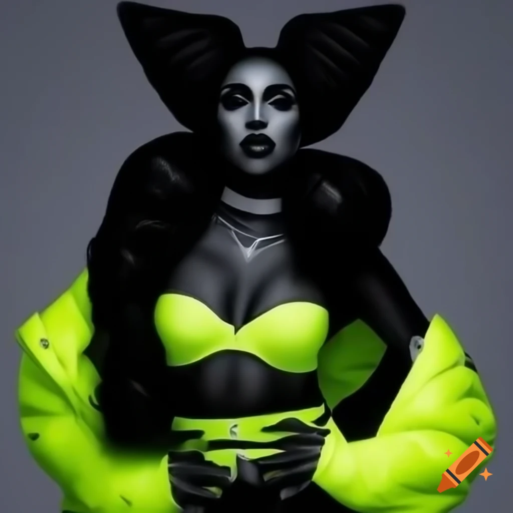 Monochromatic promo look of Kiki Kismet in neon yellow streetwear with puffer coat