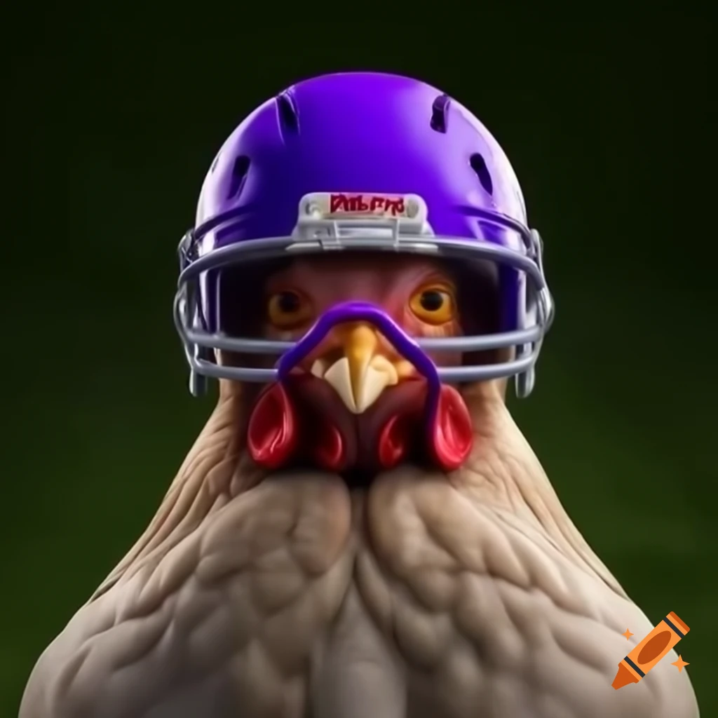 Chicken wearing purple football helmet