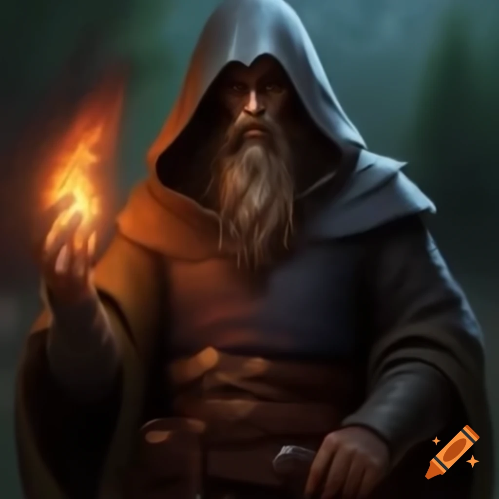 Hooded figure with long hair holding flame in hand, medieval clothing, nature backdrop