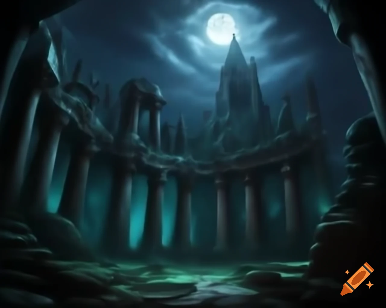 Ancient necropolis illuminated by moonlight, featuring undead and lich king