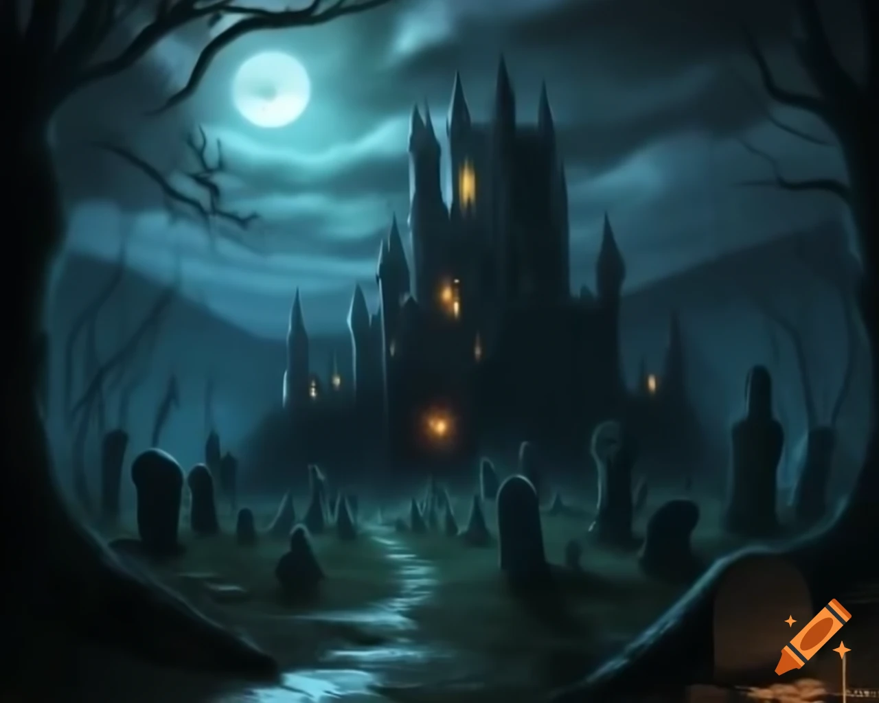 Ancient lich's castle illuminated by moonlight over creepy cemetery in dark forest