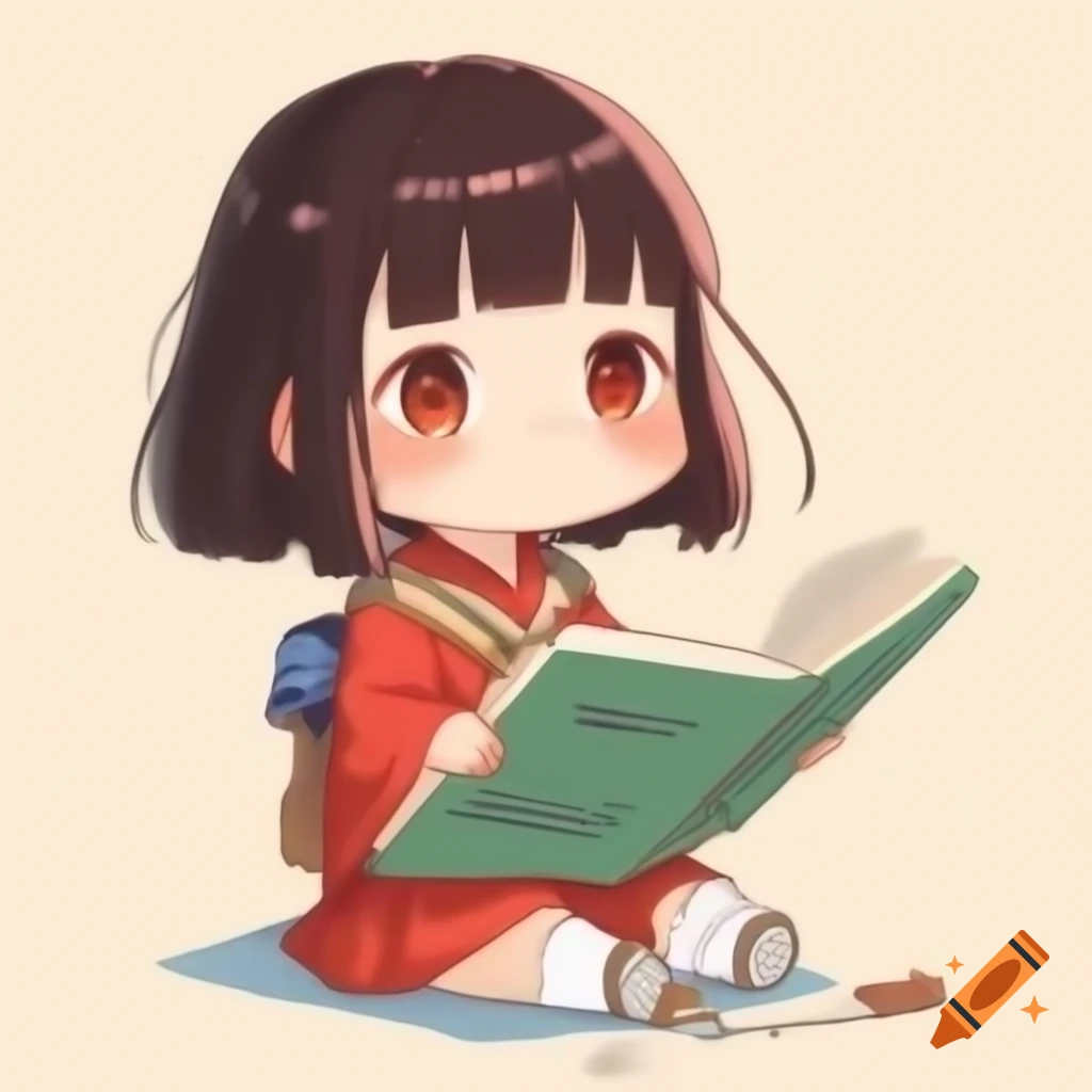 Japanese chibi girl reading adventure book