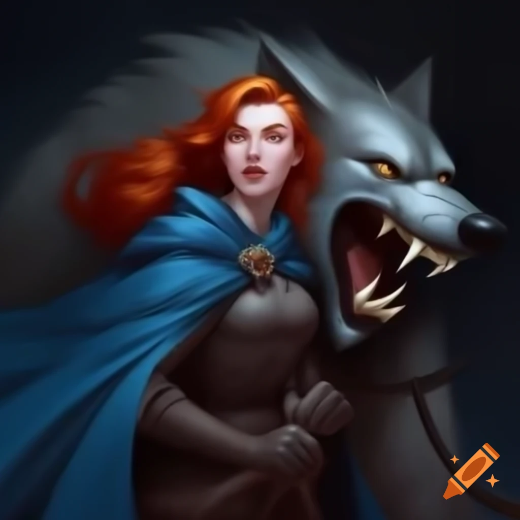 Portrait of redhead woman in blue cape holding a snarling wolf