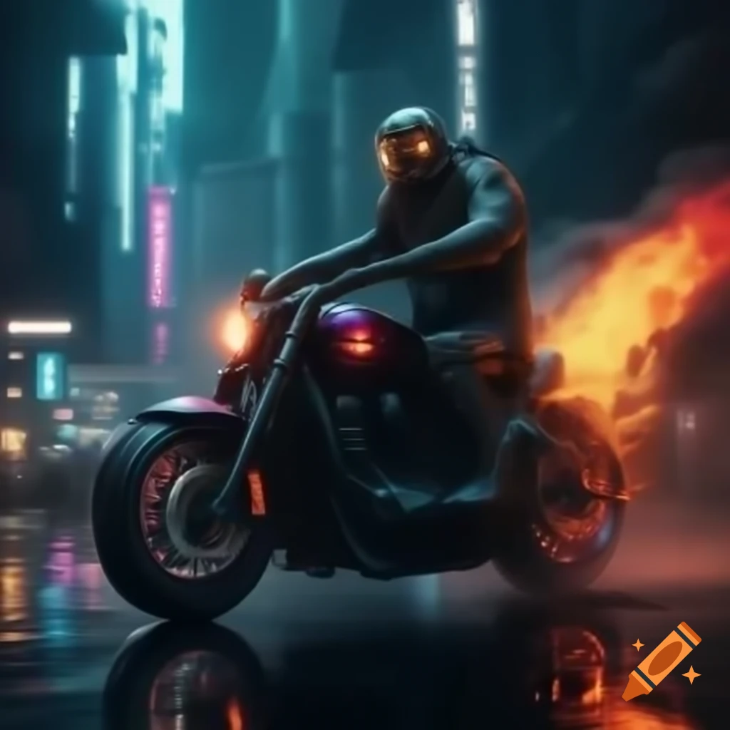 Death rider on fire bike in cyberpunk city with neon lights and smoke