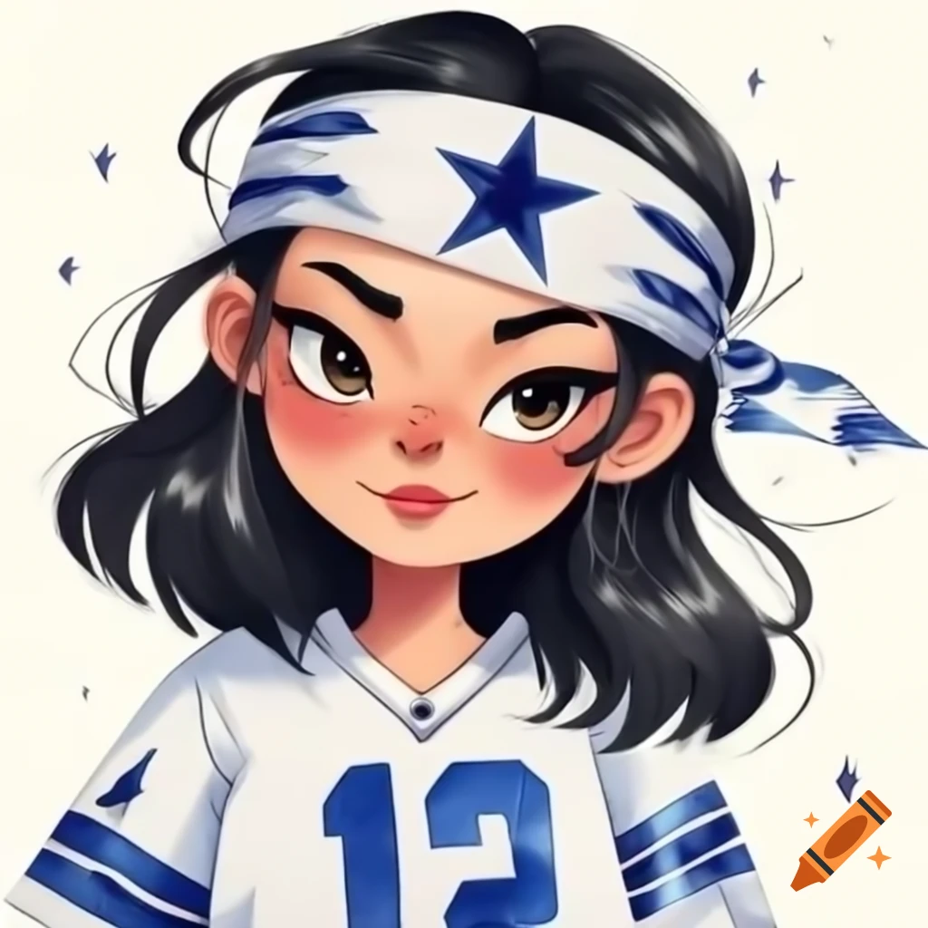 Anime Latina woman with black hair in Dallas Cowboys jersey and bandana