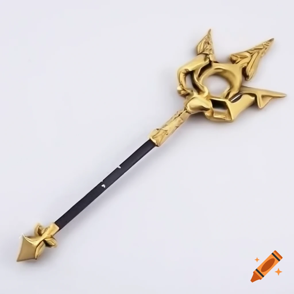 Golden and silver fantasy scepter with ruby on white background